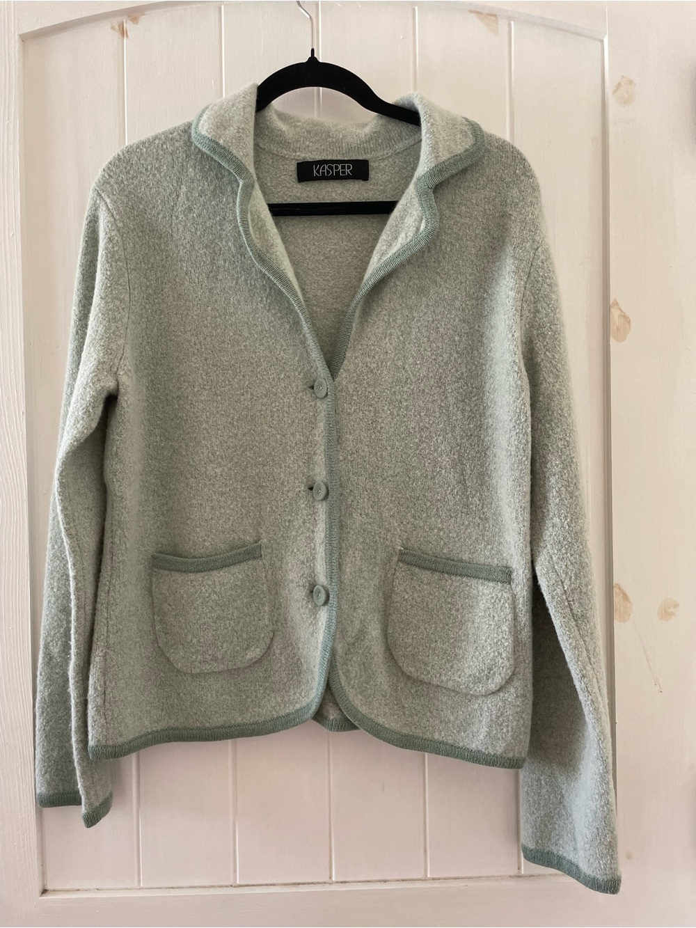 Women’s Kasper Green Knit Collared Button Front Cardigan Sweater w/ Pockets L/XL
